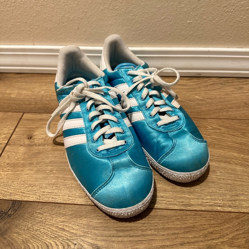 Rare item! Blue satin Adidas Gazelles, excellent condition. Women’s size 8.
